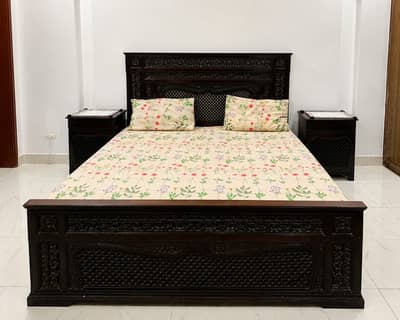Affordable wooden bed set with Side tables & dressing table