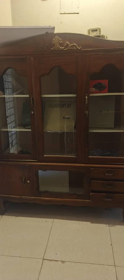 Wooden Crockery Almari / Showcase – Glass Doors & Drawers