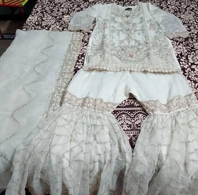 Fancy Embroidered White Sharara Dress - Perfect for Nikkah/Wedding