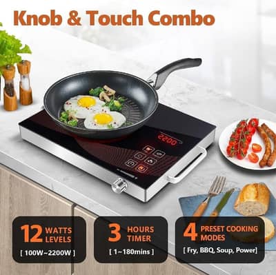 Electric Hot Plate with Timer Knob & Touch Combo Stainless Steel