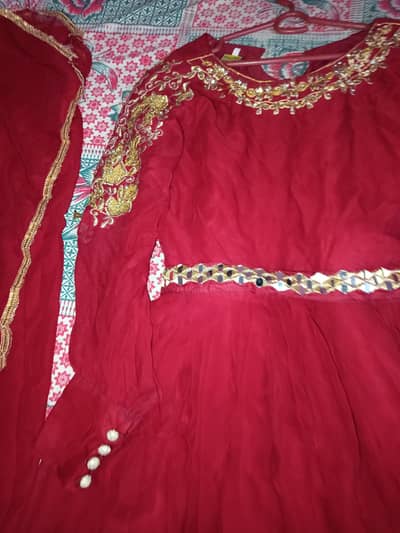 Elegant 3 piece Maroon fancy frock /Maxi set with duppata with golden