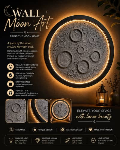 Luxury 18", 22″, 28" Handmade Moon Wall Art with Warm LED Halo Light