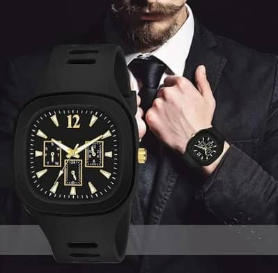 Black Square Dial Men Watch - Silicon Strap - New