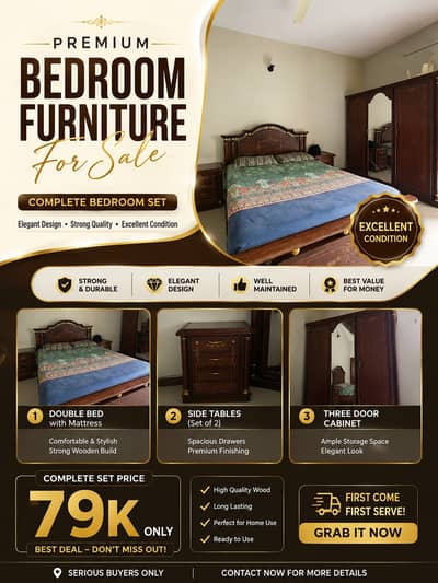 Premium Wooden Bedroom Set – Bed, Side Tables & 3-Door Wardrobe