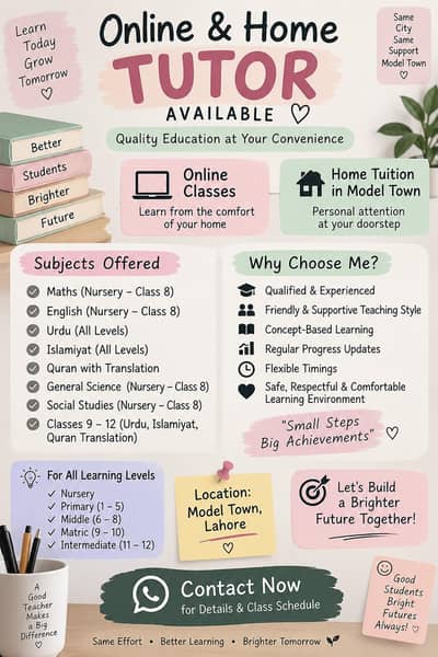 home tutor available female bs phycology senior level 4 years of ec