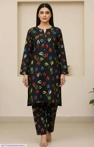 "beautiful 2 pcs woman's unstitched 3-D black printed suit "