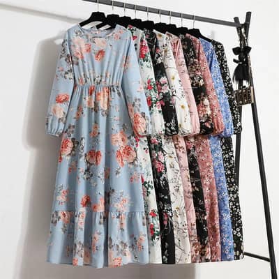 Black Floral Long Sleeve Tea Dress for Women