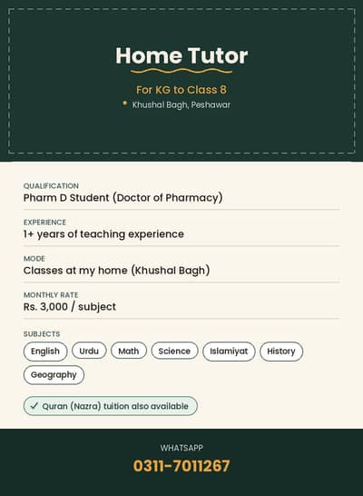 Home Tutor Available (KG to Class 8) - All Subjects