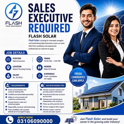 Sales Executive Required | Flash Solar | Male & Female | Jobs in Mult