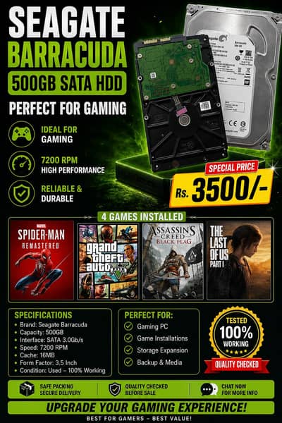 Seagate 500GB Gaming HDD (100% Health) + 4 Heavy PC Games Installed