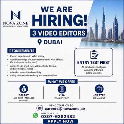 Nova Zone Is Hiring 3 Video Editor in Dubai | Visa Will Be Provided