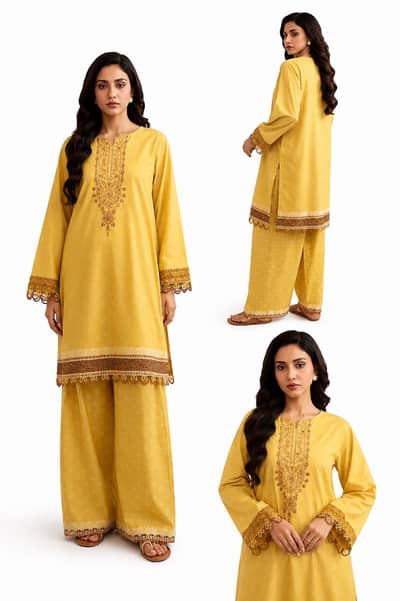 2 piece mustard yellow suit embroidered lawn