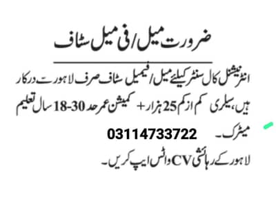 We need urgent staff male and female both can apply for call centre.