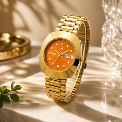 Luxury Gold Men’s Watch – Orange Dial, Day & Date, Elegant Stainless S