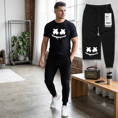 Men Black printed Trwc Suit 2pcs slim fit cotton