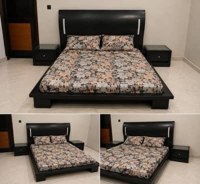 Beautiful Black King Size Bed with 2 Side Tables