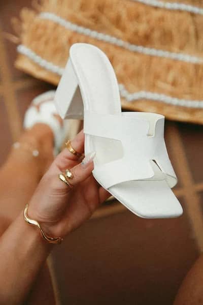 White Chunky Heels for Women, Synthetic Leather, Open Toe, Size 6-11