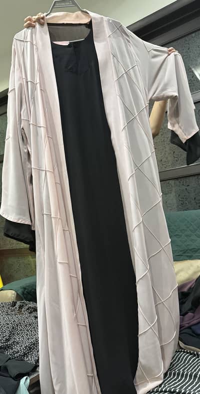 Baby pink black abaya double