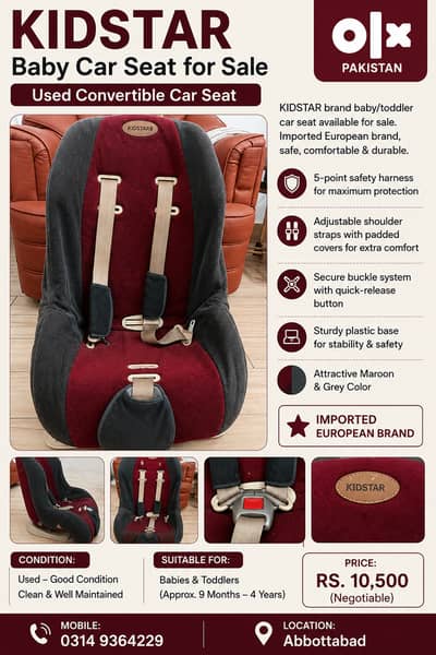 Kidstar Baby Car Seat for Sale Used Convertible Car Seat