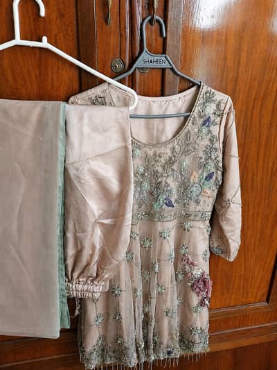Pastel Grey Beige Embroidered Formal Dress | Medium | One Time Used