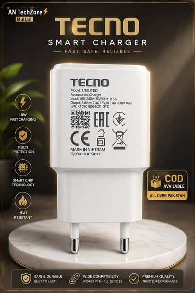 TECNO Original Charger 18W Fast Charging Adapter Genuine