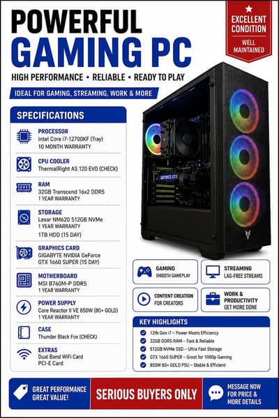 i7-12700KF + GTX 1660 SUPER + 32GB DDR5 | 512GB NVME + 1TB HDD