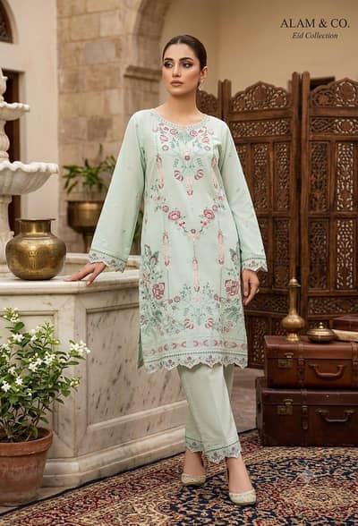 Designer 2-Piece Embroidered Cotton Suit (Mint Green)