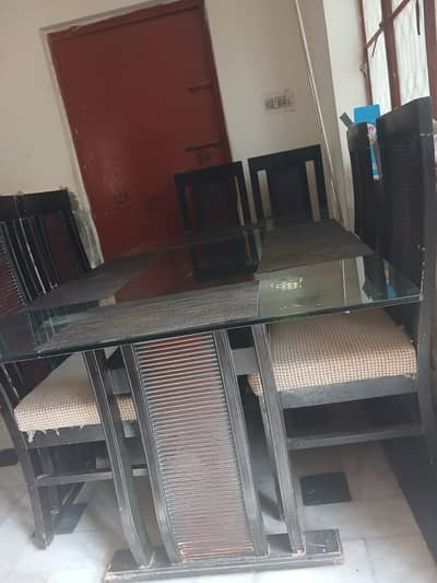 6 Seater Dining Table with 6 Chairs – Glass Top – Excellent Solid Fra