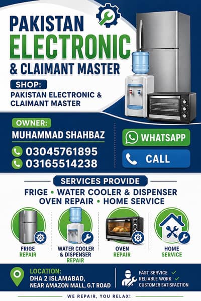 Fridge, Water Cooler & Oven Repair | Home Service | Islamabad Rawalpin
