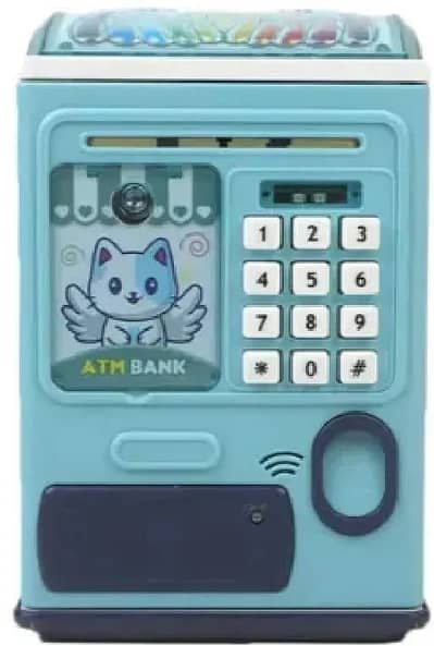 Blue ATM Money Box for Kids Saving Toy with Password Protection