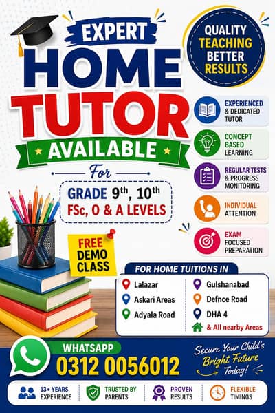 Experienced Home Tutor available for Matric, FSc, O/A Levels