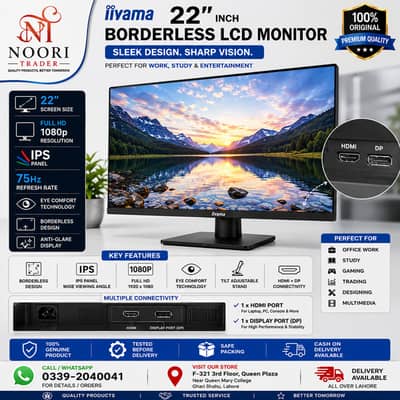 iiyama 22" Borderless IPS LCD | Full HD 1080P | 75Hz | HDMI + DisplayP