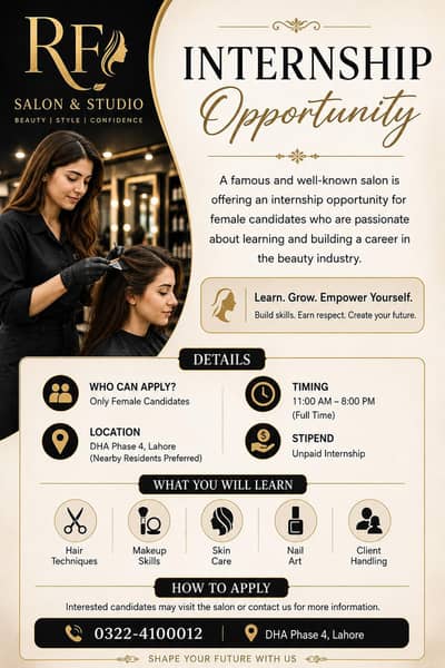 PREMIUM FEMALE SALON INTERNSHIP – DHA PHASE 4 | RF SALON & STUDIO