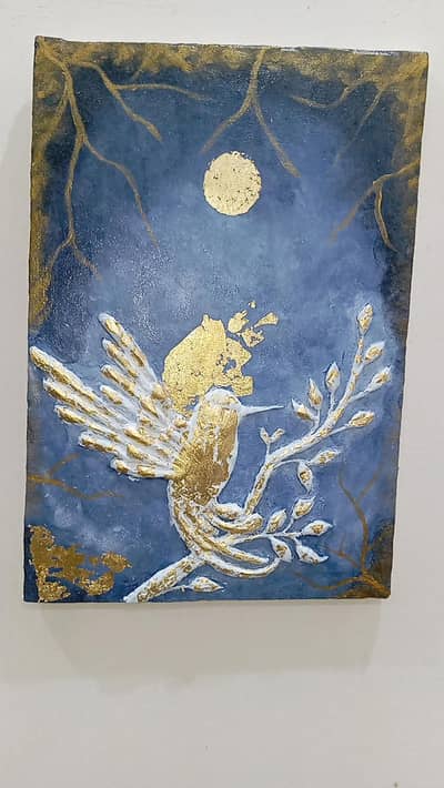 Handcrafted Gold Leaf Canvas Midnight Gold: 3D Textured Bird Wall Art