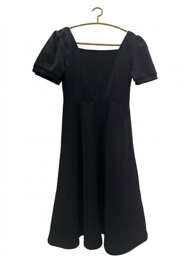Black Square Neck Midi Dress - Women’s Short Sleeve Flare Dress