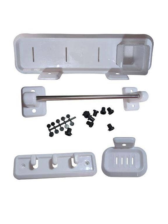 Plastic Bathroom Accessories Set | White Wall-Mounted Bathroom Shelf, Towel Rod, Hooks Rack and Soap Dish | 4-Piece Bathroom Fitting Set