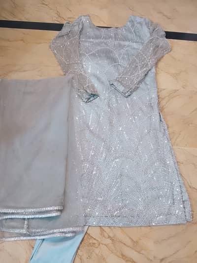 beautiful ice blue heavy pearl and sequin embroided 3pc net suit