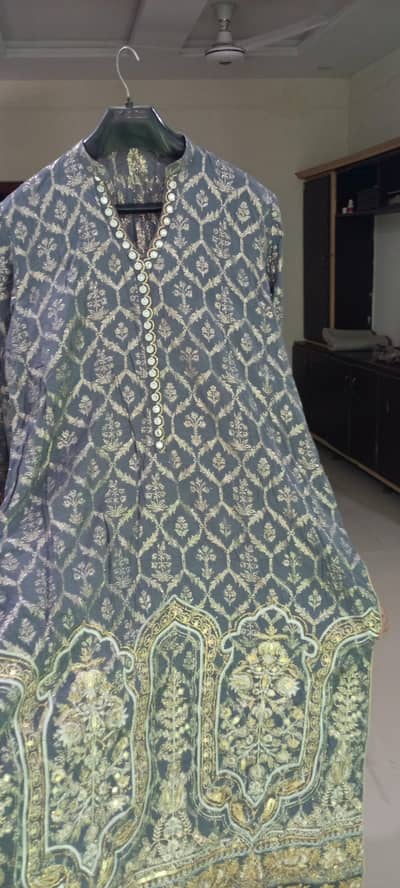 Elegant Grey Blue Embroidered 3 Piece Shalwar Kameez Suit