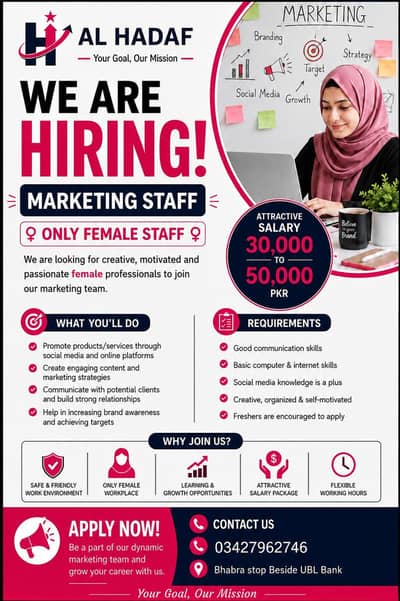 Female Marketing Staff Required | Salary 30,000–50,000 | Al Hadaf