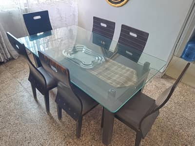 Wooden 6-Seater Dining Table Set with Glass Top