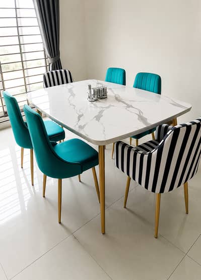 6 Seater Luxury Dining Table Set | Marble Top table | Premium Chairs