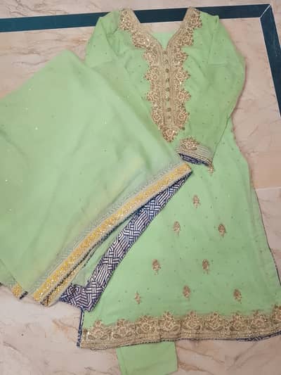 gently pista green heavy embroided 3pc chiffon suit