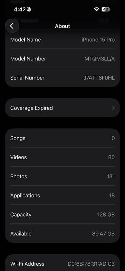 Apple iPhone 15 Pro Jv 92 battery health 299 circle count