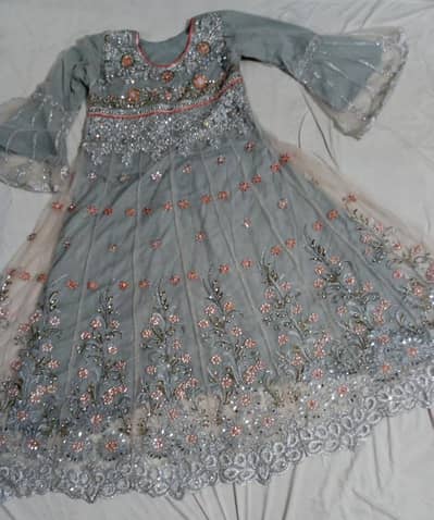 Stitched Fancy net maxi full length in light grey and peach color