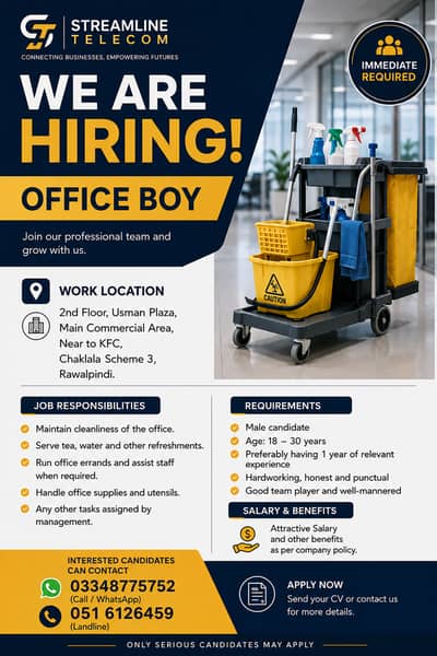 Office Boy Required | Call Center | Salary 25K–30K | Chaklala Scheme 3