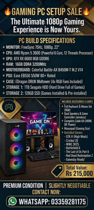 Gaming PC Full Setup Ready to Play RX 6600 16GB RAM RGB Build