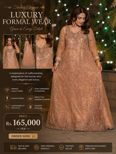 Luxury Peach Embroidered Formal Dress | Heavy Handwork Pakistani Party