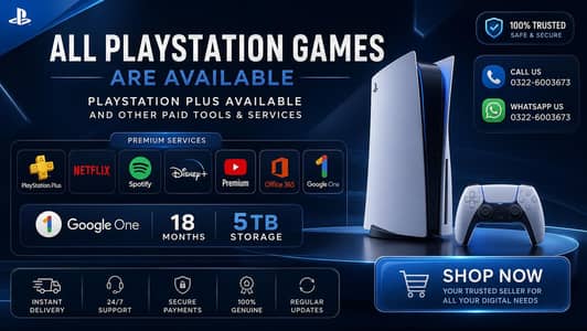 ALL PLAYSTATION  GAMES PLAYSTATION PLUS AND OTHER APPS,TOOLS,VPN AVAIL