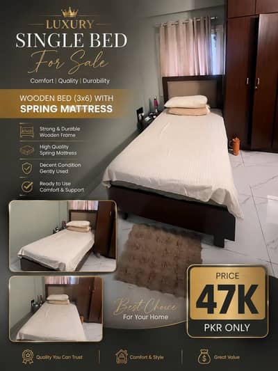 Luxury Single Bed with Spring Mattress | Wooden Bed 3×6 | 47K Only