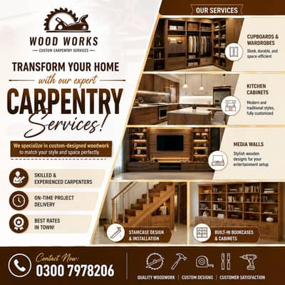 Wood Works, Carpenters Cupboard, Wardrobe, Kitchen Cabinet, Media Wall